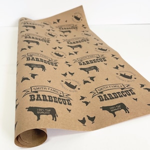 May include: Brown paper wrapping paper with a repeating pattern of black silhouettes of chickens, pigs, cows, and the text "Smith Family Barbecue 100% Top Quality Slow Cooked To Perfection".