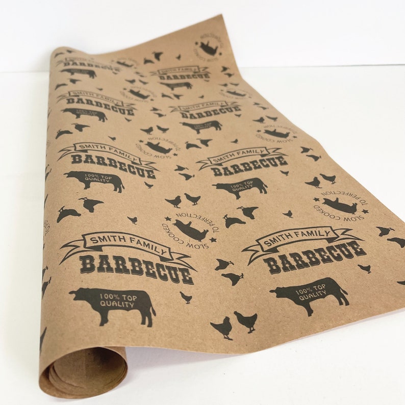May include: Brown paper wrapping paper with a repeating pattern of black silhouettes of chickens, pigs, cows, and the text "Smith Family Barbecue 100% Top Quality Slow Cooked To Perfection".