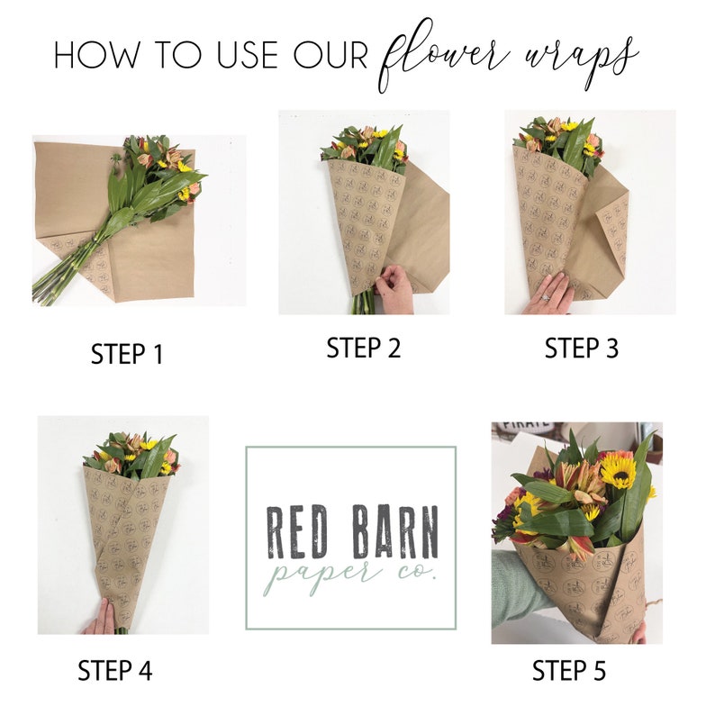 May include: A five-step guide on how to wrap flowers using brown paper with a repeating pattern. The paper has the text "RED BARN paper co." printed on it.