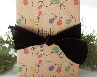 Christmas Lights personalized gift wrap on Kraft paper