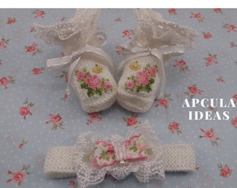 Knitted Baby Girl Headband and Shoes Set Knitted Baby Girl Set Gift Knitted Baby Girl Booties Baby Girl Gift Newborn Girl Shoes Newborn Hat