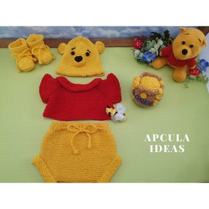 Winnie the Pooh Baby Shower Regalo botines de bebé bebé hito tarjeta crochet bebé conjunto bebé oso traje recién nacido foto prop bebé foto prop conjunto