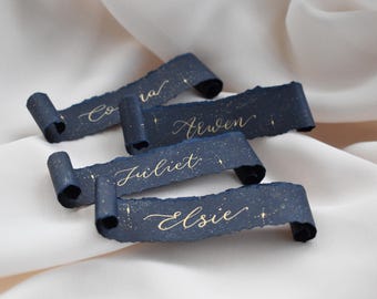 Celestial Wedding Place Card, Navy Gold Handwritten Place Name, Scroll Place Setting, Guest Name Card, Star  Wedding Stationery