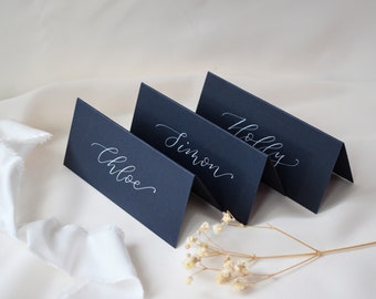 Navy Wedding Place Cards, Handwritten Place Names, Calligraphy Place Settings, Folded Name Card, Seating Plan, Dinner Party Decor