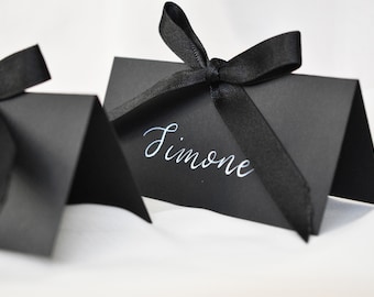 Wedding Place Card with Ribbon, Handwritten Place Name, Bow Place Setting, Monochrome Wedding Name Card, Black and White Ribbon Guest Name