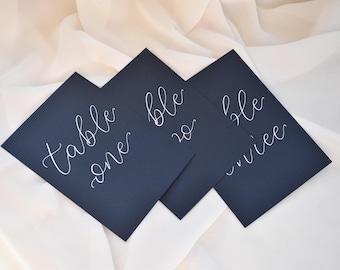 Wedding Table Numbers, Handwritten Table Names, Navy and White Wedding, Blue Table Number Cards, Wedding Table Signs, Wedding Seating Plan