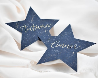 Celestial Wedding Place Card, Navy Gold Handwritten Place Name, Star Place Setting, Guest Name Card, Star  Wedding Stationery