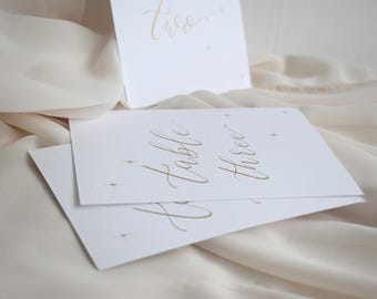 Wedding Table Number Cards, Handwritten Table Names, Gold Wedding Table Signs, Celestial Wedding Seating Plan