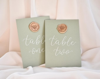 Wedding Table Number, Handwritten Table Name, Sage Green Wedding, Table Number Card, Table Sign, Wedding Seating Plan, Gold Bee Wax Seal