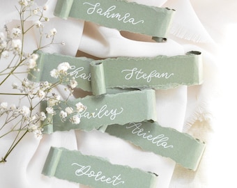 Sage Green Wedding Place Card Scroll, Handwritten Place Name, Wedding Guest Name Card, Deckled Edge Place Setting, Torn Calligraphy Name Tag
