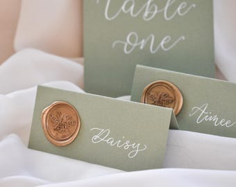 Wedding Place Card, Handwritten Calligraphy Place Name, Wedding Guest Name Tag, Sage Green Wedding Place Setting, Gold Bee Wax Seal