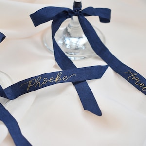 Ribbon Place Setting, Bow Place Name, Navy and Gold Wedding Bow, Wedding Place Card, Personalised Ribbon, Bow Place Name, Ribbon Name Tag