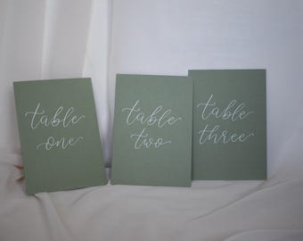 Wedding Table Numbers, Handwritten Table Names, Sage Green Wedding, Table Number Cards, Wedding Table Signs, Sage Green Wedding Seating Plan