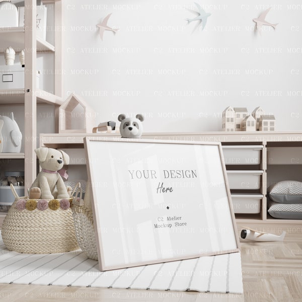 Horizontal Mockup Frame in Kids Room | Nursery | Landscape High Quality Close Up Mock up in Interior Home | Print Poster Artwork Mockup