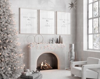 Christmas Living Room Frame Mockup: Wall Art Display (Digital Download)
