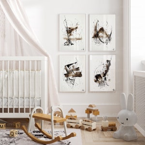 May include: A white cot with a white canopy and a rocking horse in a nursery with four black and white abstract art prints on the wall. There are also wooden toys on the floor.