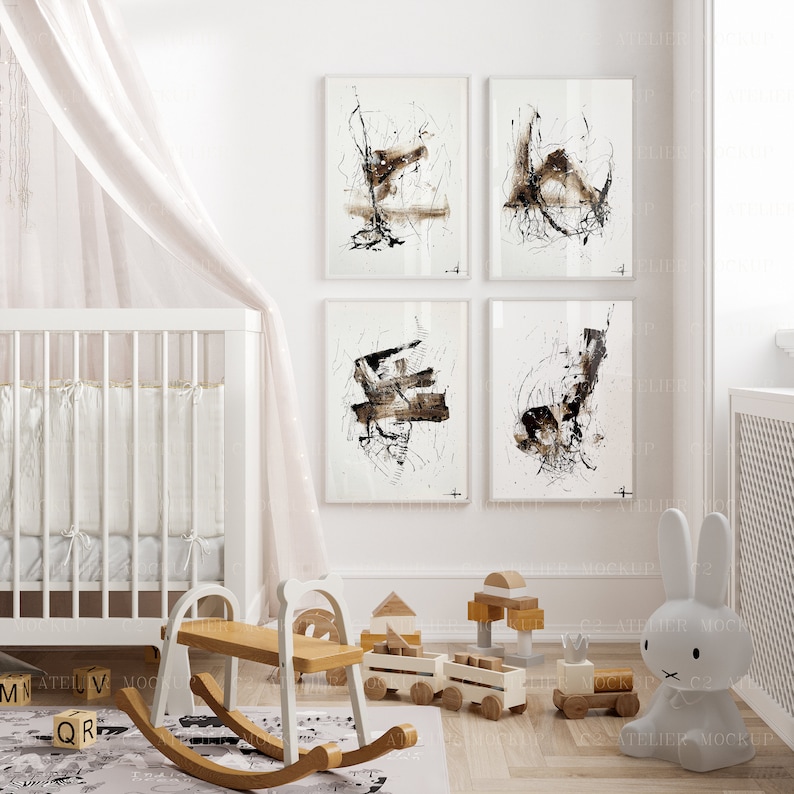 May include: A white cot with a white canopy and a rocking horse in a nursery with four black and white abstract art prints on the wall. There are also wooden toys on the floor.