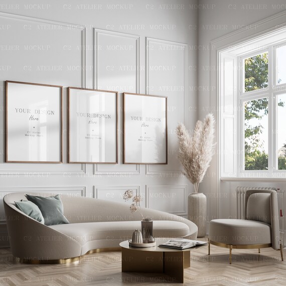Modern Living Room Mockup: 3 Wall Frames (Digital Download)