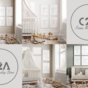 May include: A white crib with a white canopy and a white rocking horse in a nursery setting. There are six white picture frames on the wall with the text "Your Prince is Here" in each frame. The text is in a black font.