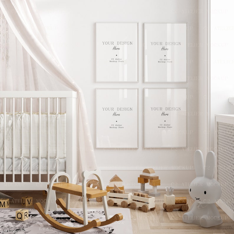 May include: A white cot with a white canopy and a white rocking horse in a nursery with four white picture frames with the text "YOUR DESIGN Here" and the text "C2 Atelier Mockup Store".
