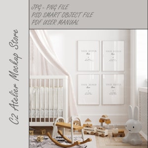 May include: A white cot with a white canopy, four white frames with the text "YOUR DESIGN Here" on each, a wooden rocking horse, and a white bunny toy. The frames are on a white wall. The cot has a white blanket and a white mattress. The rocking horse is made of wood and has a brown seat. The bunny toy is made of white plush and has long ears. The room is decorated in a minimalist style.