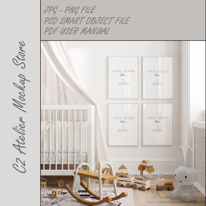 May include: A white cot with a white canopy, four white frames with the text "YOUR DESIGN Here" on each, a wooden rocking horse, and a white bunny toy. The frames are on a white wall. The cot has a white blanket and a white mattress. The rocking horse is made of wood and has a brown seat. The bunny toy is made of white plush and has long ears. The room is decorated in a minimalist style.