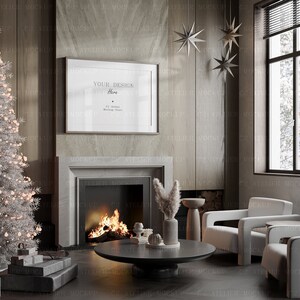 Mock Up Frame In Home Interior Christmas Holiday Edition | High quality Horizontal Wall Mockup | Interior Living Room Christmas