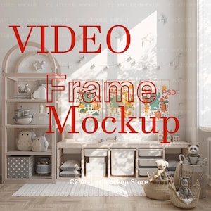 May include: A light wood children's room mockup featuring a bookshelf, storage unit, and framed artwork. The room is decorated with soft toys, decorative items, and a rug. The text "VIDEO Frame Mockup" is overlaid on the image.