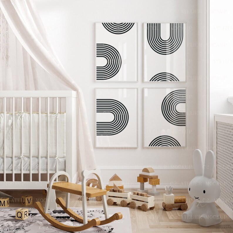 May include: A white cot with a white canopy and a wooden rocking horse in a nursery with black and white geometric wall art. There are wooden toys on the floor, including a train and blocks.