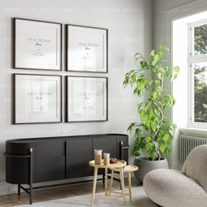 May include: A black cabinet with three doors and gold accents sits in a living room with a green plant, a white armchair, and two wooden side tables. Four black framed pictures with the text "Your Design Here" hang on the wall above the cabinet.