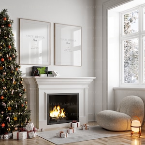 Christmas Holiday 2 Mock Up Frames - High quality Wall Mock ups - Interior Living Room Christmas Tree Fireplace Frames