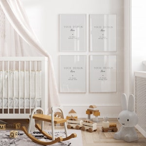 May include: A white cot with a white canopy, a rocking horse, and a white bunny toy in a nursery with four white picture frames on the wall. The frames have the text "YOUR DESIGN Here" in them.