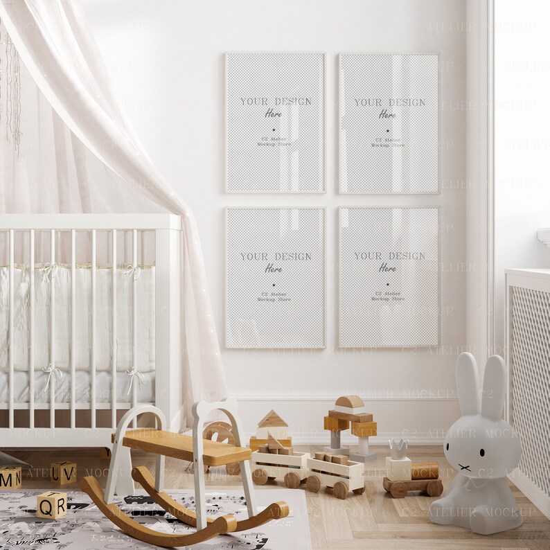 May include: A white cot with a white canopy, a rocking horse, and a white bunny toy in a nursery with four white picture frames on the wall. The frames have the text "YOUR DESIGN Here" in them.