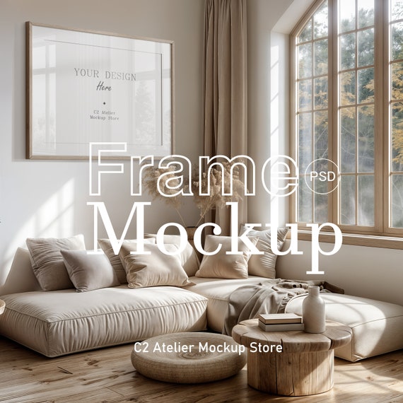Living Room Frame Mockup: Farmhouse Japandi Interior (PSD, JPG, PNG)