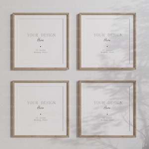 May include: Four square wooden frames with white mats and a light brown wood finish. Each frame has a white background with the text "YOUR DESIGN Here" and "C2 Atelier Mockup Store".