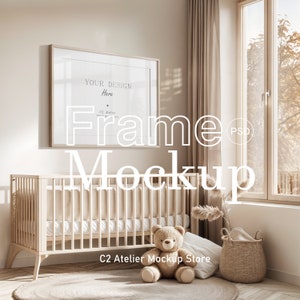 Maqueta de marco horizontal en la habitación de los niños de la guardería - Plantilla de Photoshop de maqueta de pared de alta calidad y PNG – Granja – Estilo Japandi