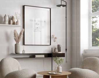Vertical Frame Mockup: Boho Japandi Living Room (Digital Download)