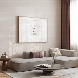 Landscape Frame In Home Interior - High quality Horizontal Wall Mock up - Living Room - Minimalist Poster Digital Print Mockup