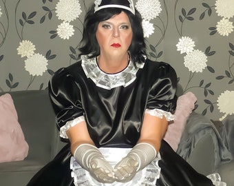 Gorgeous Black satin and organza traditional sissy maid uniform! Lockable and escape proof