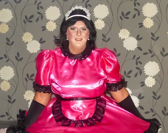 SUMMER CLEARANCE SALE* - Gorgeous Hot Pink satin with Black organza trim sissy maid uniform!