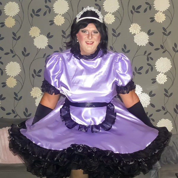 SUMMER CLEARANCE SALE* - Gorgeous Lilac satin with Black organza trim sissy maid uniform!