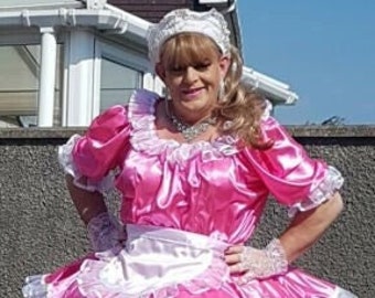 SUMMER CLEARANCE SALE - Hot Pink with Organza trim Classic Satin French Maids Uniform with optional knickers and petticoats