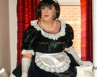 Traditional Black satin with Lace trim Classic French Maids Uniform with optional knickers and petticoats. Lockable rings included