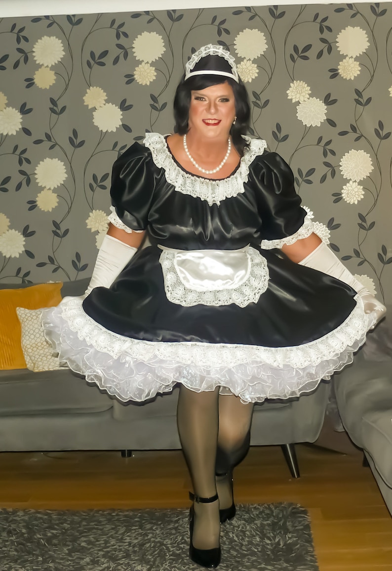 Traditional Black Satin With Lace Trim Classic French Maids Uniform