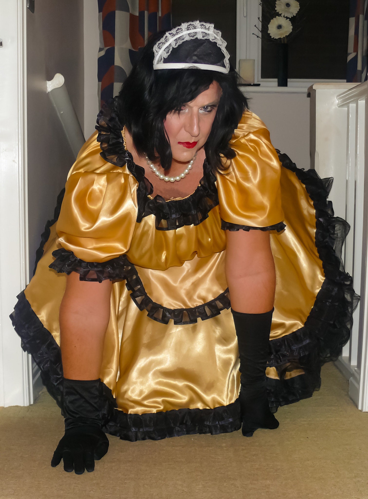 Traditional Style Gold Satin With Black Organza Trim French Maids