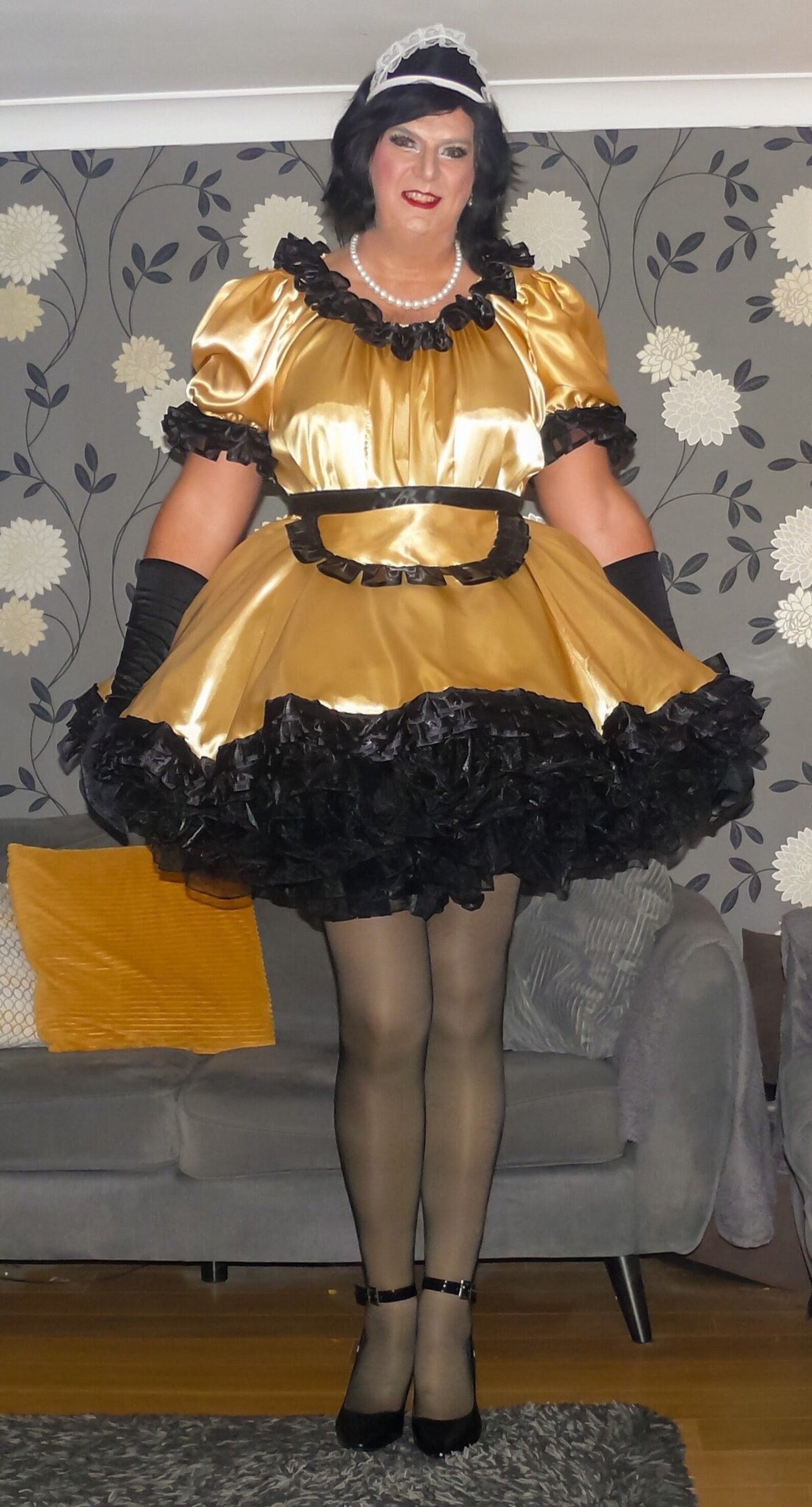 Traditional Style Gold Satin With Black Organza Trim French Maids