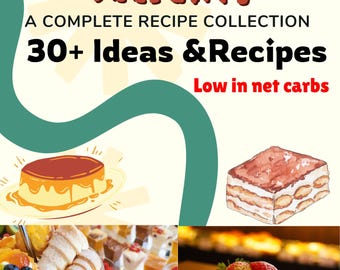 Puede incluir: Un gráfico colorido con el texto "Keto Dessert Delights: A Complete Recipe Collection 30+ Ideas & Recipes Low in net carbs". El gráfico presenta imágenes de varios postres, incluyendo un pastel de queso, un tiramisú y un rollo de fruta.