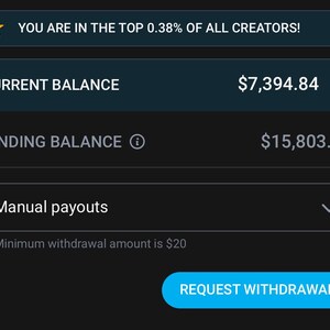 Pu&ograve; includere: Uno screenshot di un sito web che mostra il saldo corrente di un utente di $ 7.394,84 e un saldo in sospeso di $ 15.803,03. L'utente &egrave; tra il 0,38% dei migliori creatori. L'utente pu&ograve; richiedere un prelievo dei propri fondi con un importo minimo di prelievo di $ 20.