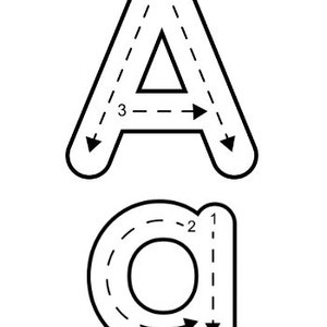 May include: Black and white line art tracing sheet for learning to write the uppercase and lowercase letter A. The letter A is shown with numbered lines to follow for tracing.