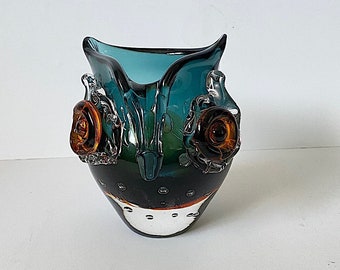 Vase hibou en verre soufflé à la main de style Murano vintage